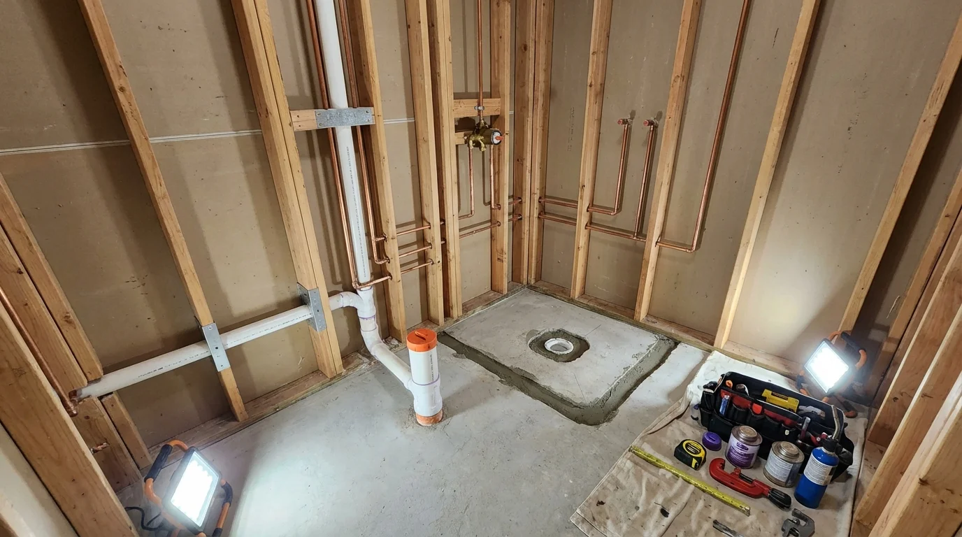 Bathroom rough-in plumbing during remodel by Johns Plumbing LLC in Manteo