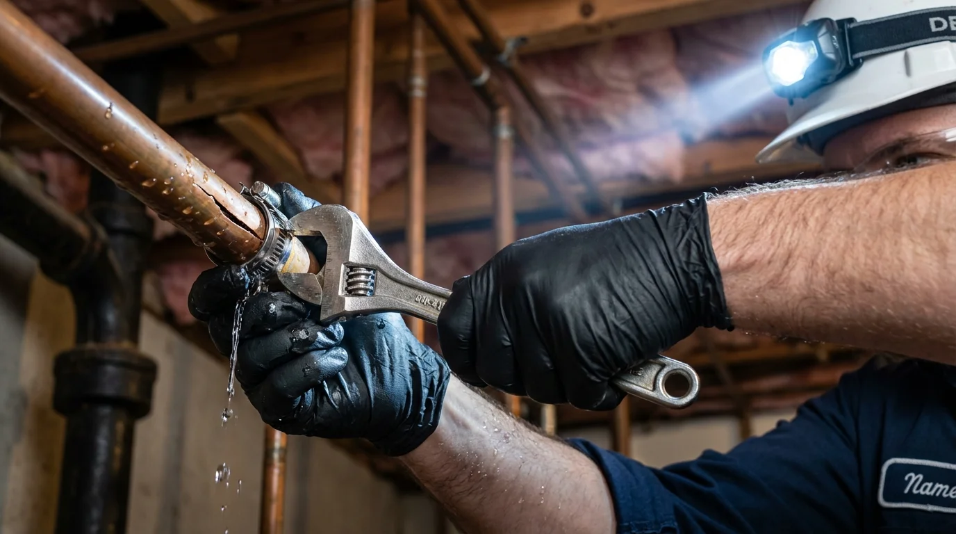 Emergency pipe clamp repair being performed by a Johns Plumbing LLC plumber in Manteo