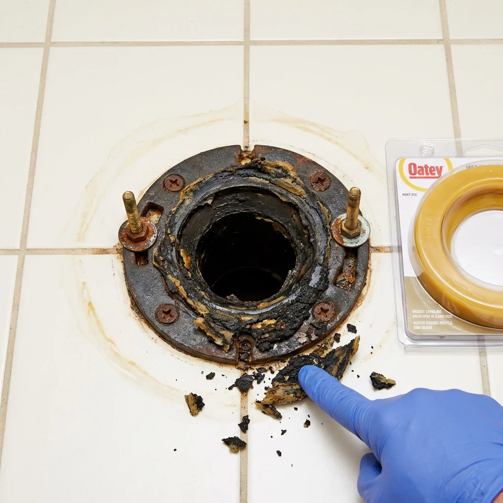 Failed wax ring showing water seepage at the base of a toilet in a Manteo, NC home