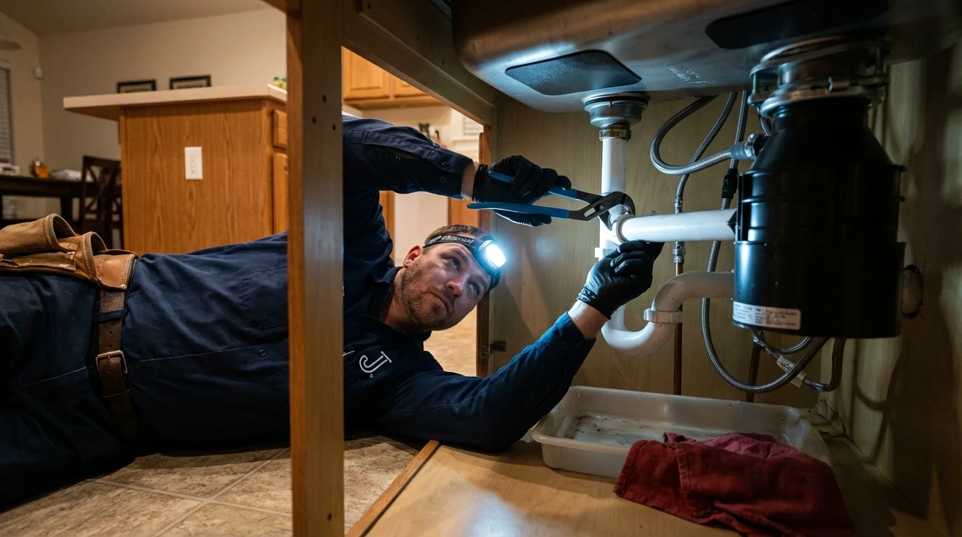 P-trap and supply line connections under a kitchen sink showing a common leak point in Manteo, NC